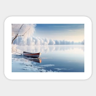 Lake Boat In Winter Serene Landscape Sticker